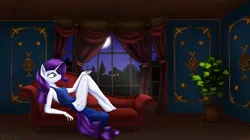 Size: 6394x3579 | Tagged: safe, artist:pony-stark, derpibooru import, rarity, anthro, unicorn, clothes, couch, dress, evening, horn, image, png, solo, vine
