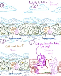 Size: 4779x6013 | Tagged: safe, artist:adorkabletwilightandfriends, derpibooru import, spike, twilight sparkle, twilight sparkle (alicorn), oc, oc:gray, alicorn, bird, fish, owl, comic:adorkable twilight and friends, adorkable, adorkable twilight, boat, bonding, cloud, content, couch, cute, dork, drink, fishing, fishing rod, forest, friendship, happy, image, lamp, looking back, mountain, nature, pacific northwest, png, relaxed, relaxing, scenery, scenery porn, sitting, slice of life, smiling, television, tree, water