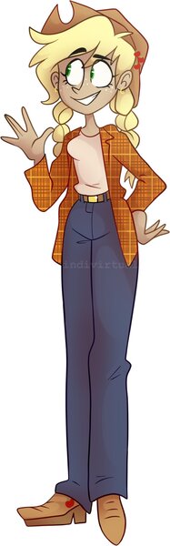 Size: 653x2094 | Tagged: safe, artist:indivirtual_, derpibooru import, applejack, human, alternate hairstyle, applejack's hat, belt, boots, clothes, cowboy boots, cowboy hat, denim, ear piercing, earring, eye clipping through hair, eyebrows, eyebrows visible through hair, female, flannel, g4, grin, hat, humanized, image, jeans, jewelry, jpeg, pants, piercing, shoes, simple background, smiling, solo, teeth, white background