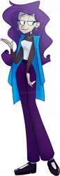 Size: 700x2036 | Tagged: safe, artist:indivirtual_, derpibooru import, rarity, human, belt, clothes, coat, ear piercing, earring, female, g4, humanized, image, jewelry, jpeg, necklace, pants, piercing, shoes, simple background, smiling, solo, white background