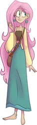 Size: 649x2176 | Tagged: safe, artist:indivirtual_, derpibooru import, fluttershy, human, anklet, bag, barefoot, breasts, carrot, cleavage, clothes, dress, ear piercing, earring, eye clipping through hair, eyebrows, eyebrows visible through hair, feet, female, food, g4, humanized, image, jewelry, jpeg, midriff, piercing, simple background, smiling, solo, tanktop, white background