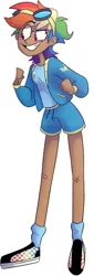 Size: 653x1920 | Tagged: safe, artist:indivirtual_, derpibooru import, rainbow dash, human, alternate hairstyle, bandaid, clothes, cutie mark, cutie mark on clothes, ear piercing, earring, eye clipping through hair, eyebrows, eyebrows visible through hair, female, g4, goggles, goggles on head, grin, humanized, image, jacket, jewelry, jpeg, moderate dark skin, piercing, shoes, shorts, simple background, smiling, socks, solo, sports shorts, teeth, white background