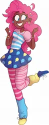 Size: 782x1995 | Tagged: safe, artist:indivirtual_, derpibooru import, pinkie pie, human, anklet, blackwashing, clothes, dark skin, ear piercing, earring, eyebrows, eyebrows visible through hair, female, g4, grin, humanized, image, jewelry, jpeg, leg warmers, mismatched socks, obtrusive watermark, piercing, shoes, simple background, skirt, smiling, socks, solo, striped socks, teeth, thigh highs, watermark, white background