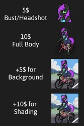 Size: 2000x3000 | Tagged: safe, artist:kilgorio, derpibooru import, oc, oc:lucy violetmane, unofficial characters only, anthro, earth pony, pony, unguligrade anthro, advertisement, anthro oc, aseprite, bicycle, black fur, bust, clothes, commission info, denim, detailed background, earth pony oc, femboy, full body, green eyes, image, jeans, looking at you, male, pants, pixel art, png, purple hair, short jeans, shorts, socks, solo, stallion, striped socks, thigh highs