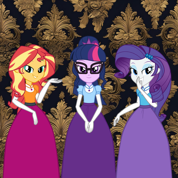 Size: 2048x2048 | Tagged: safe, artist:cartoonmasterv3, derpibooru import, rarity, sci-twi, sunset shimmer, twilight sparkle, human, equestria girls, clothes, dress, g4, humanized, image, jpeg, long dress, long skirt, skirt, victorian, victorian dress, victorian rarity