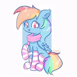 Size: 754x754 | Tagged: safe, artist:skylinepony_, derpibooru import, rainbow dash, pegasus, pony, :p, cheek fluff, clothes, cute, dashabetes, female, folded wings, g4, image, jpeg, looking at you, mare, raised hoof, scarf, signature, simple background, smiling, smiling at you, socks, solo, striped socks, tongue out, white background, wings