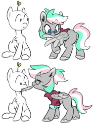 Size: 1500x2000 | Tagged: safe, artist:jewellier, derpibooru import, oc, oc:shirley flow, unofficial characters only, earth pony, pegasus, pony, g5, 2 panel comic, chest fluff, clothes, colored sketch, comic, dot eyes, duo, earth pony oc, feather, female, freckles, g5 oc, glasses, image, jacket, mare, nom, oda 1997, pegasus oc, png, simple background, sketch, sketch dump, unshorn fetlocks, white background, wings