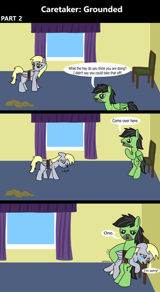 Size: 1920x3516 | Tagged: safe, artist:platinumdrop, derpibooru import, derpy hooves, oc, oc:anon, oc:anon stallion, pegasus, pony, comic:caretaker: grounded, series:caretaker, 3 panel comic, abuse, alone, angry, avoiding eye contact, bedroom, bipedal, blanket, bound wings, butt, caretaker, chair, come here, comic, commission, crying, cuddling, curtains, derpybuse, dialogue, disciplinary action, discipline, domestic abuse, duo, duo male and female, female, flank, floppy ears, folded wings, g4, image, indoors, looking at each other, looking at someone, looking away, looking down, male, mare, mouth hold, onomatopoeia, open mouth, over the knee, pain, plot, png, punishment, raised hoof, room, rope, sad, sad pony, scolding, series, sitting, sound effects, spanking, speech bubble, stallion, stern, stubble, talking, tears of pain, tears of sadness, teary eyes, window, wings