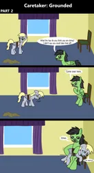 Size: 1920x3516 | Tagged: safe, artist:platinumdrop, derpibooru import, derpy hooves, oc, oc:anon, oc:anon stallion, pegasus, pony, comic:caretaker: grounded, series:caretaker, 3 panel comic, abuse, alone, angry, avoiding eye contact, bedroom, bipedal, blanket, bound wings, butt, caretaker, chair, come here, comic, commission, crying, cuddling, curtains, derpybuse, dialogue, disciplinary action, discipline, domestic abuse, duo, duo male and female, female, flank, floppy ears, folded wings, g4, image, indoors, looking at each other, looking at someone, looking away, looking down, male, mare, mouth hold, onomatopoeia, open mouth, over the knee, pain, plot, png, punishment, raised hoof, room, rope, sad, sad pony, scolding, series, sitting, sound effects, spanking, speech bubble, stallion, stern, stubble, talking, tears of pain, tears of sadness, teary eyes, window, wings