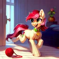 Size: 1024x1024 | Tagged: safe, ai content, derpibooru import, machine learning generated, prompter:doom9454, stable diffusion, roseluck, earth pony, pony, behaving like a cat, collar, cute, generator:pony diffusion v6 xl, image, open mouth, open smile, pet tag, png, pony pet, room, rosepet, running, smiling, yarn, yarn ball