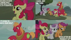 Size: 2000x1125 | Tagged: safe, derpibooru import, edit, edited screencap, editor:quoterific, screencap, apple bloom, big macintosh, scootaloo, sweetie belle, hard to say anything, cutie mark crusaders, image, png, tree