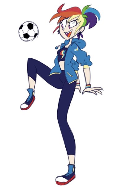 Size: 2560x3496 | Tagged: safe, artist:indivirtual_, derpibooru import, rainbow dash, human, alternate hairstyle, clothes, ear piercing, earring, eye clipping through hair, eyebrows, eyebrows visible through hair, football, g4, high res, image, jacket, jewelry, jpeg, open mouth, open smile, pants, piercing, simple background, smiling, solo, sports, sweatpants, teeth, white background, wristband