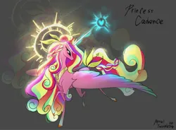 Size: 2047x1504 | Tagged: safe, artist:petaltwinkle, derpibooru import, princess cadance, alicorn, pony, alternate color palette, alternate design, alternate hair color, alternate hairstyle, braid, coat markings, colored hooves, colored horn, crown, curly mane, curly tail, eyelashes, eyeshadow, female, g4, glow, glowing horn, gray background, halo, hooves in air, horn, image, jewelry, jpeg, lidded eyes, long horn, magic, makeup, mare, multicolored mane, multicolored tail, no mouth, pink coat, purple eyes, redesign, regalia, signature, simple background, socks (coat marking), solo, spread wings, tail, tail accessory, text, tiara, wings