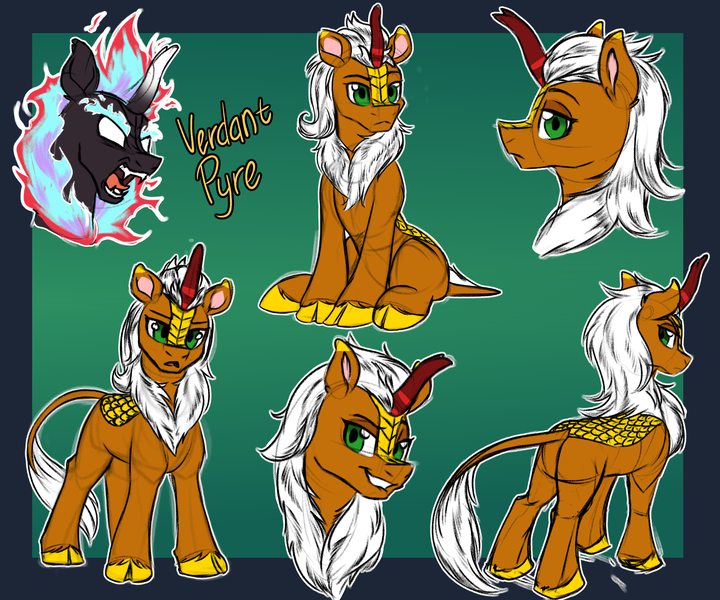 Size: 3000x2500 | Tagged: safe, artist:redahfuhrerking, derpibooru import, oc, oc:verdant pyre, unofficial characters only, kirin, nirik, green background, image, male, passepartout, png, quadrupedal, reference sheet, simple background, solo