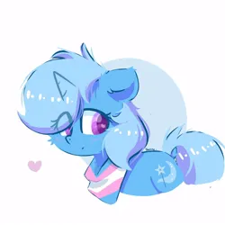 Size: 1000x1000 | Tagged: safe, artist:skylinepony_, derpibooru import, trixie, pony, unicorn, blush lines, blushing, cheek fluff, eye clipping through hair, female, g4, heart, heart eyes, horn, image, jpeg, mare, pride, pride flag, signature, simple background, solo, transgender pride flag, white background, wingding eyes