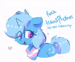 Size: 835x689 | Tagged: safe, alternate version, artist:skylinepony_, derpibooru import, trixie, pony, unicorn, blush lines, blushing, cheek fluff, eye clipping through hair, female, g4, heart, heart eyes, horn, image, jpeg, mare, open mouth, open smile, pride, pride flag, signature, simple background, smiling, solo, text, transgender pride flag, vulgar, white background, wingding eyes