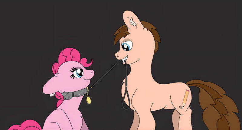 Size: 828x445 | Tagged: suggestive, artist:thebronypony123, derpibooru import, pinkie pie, oc, oc:braden, earth pony, pony, black background, canon x oc, collar, female, g4, image, jpeg, leash, male, mouth hold, pet play, pet tag, simple background