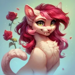Size: 1024x1024 | Tagged: safe, ai content, derpibooru import, machine learning generated, prompter:doom9454, stable diffusion, roseluck, cat, bust, catified, cute, fangs, flower, fluffy, generator:pony diffusion v6 xl, generator:purplesmart.ai, image, png, portrait, rose, species swap