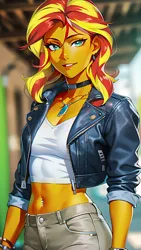 Size: 864x1536 | Tagged: safe, ai content, derpibooru import, editor:masterdarhil, machine learning generated, sunset shimmer, equestria girls, belly button, belly piercing, bracelet, choker, clothes, image, jacket, jewelry, jpeg, midriff, necklace, photoshop, piercing, prompter:sammykun, recolor, smiling, solo