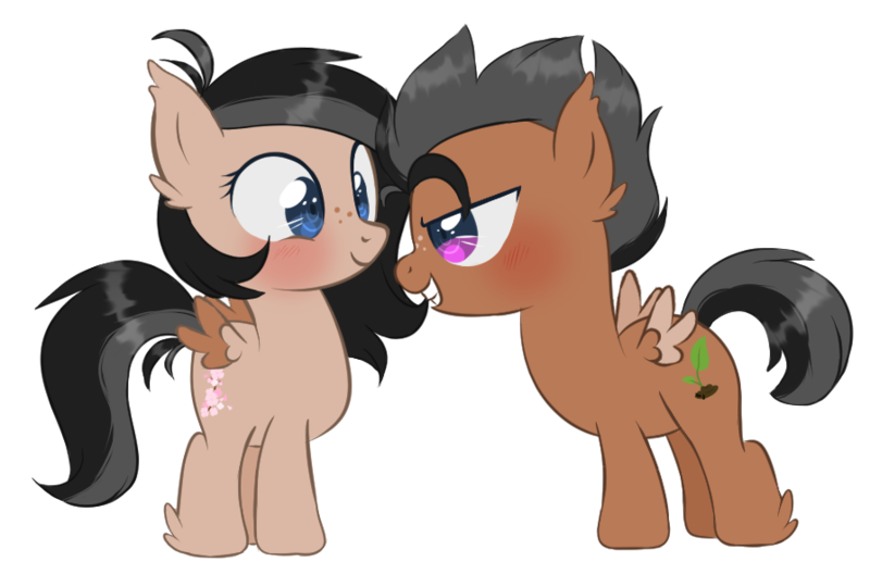 Size: 895x578 | Tagged: safe, derpibooru import, oc, oc:finch, oc:wren, unofficial characters only, pegasus, pony, au:equuis, ahoge, alternate universe, black hair, blue eyes, blushing, brother and sister, colt, cutie mark, duo, ear tufts, eye contact, female, filly, foal, freckles, grey hair, hoof fluff, image, looking at each other, looking at someone, male, pink eyes, png, siblings, smiling, spiky mane, twins, wings