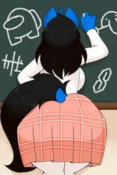Size: 1020x1530 | Tagged: safe, artist:kloudmutt, derpibooru import, oc, oc:klodette, anthro, unicorn, among us, black hair, black tail, blue body, blue fur, chalkboard, clothes, dock, female, image, kilroy was here, loss (meme), meme, png, rear view, skirt, socks, solo, solo female, stockings, tail, thigh highs