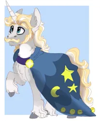 Size: 749x906 | Tagged: safe, artist:fishiecake, derpibooru import, star swirl the bearded, pony, unicorn, blonde, facial hair, image, jpeg, male, moustache, raised hoof, solo, stallion, unshorn fetlocks, younger