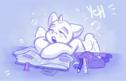 Size: 4096x2643 | Tagged: safe, artist:amishy, derpibooru import, alicorn, pony, bag, book, commission, eraser, eyes closed, image, jpeg, open mouth, pencil, ruler, school bag, sleeping, solo, teary eyes, your character here