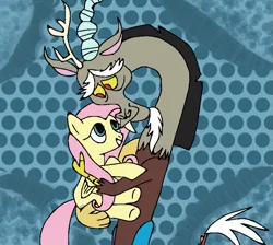 Size: 827x741 | Tagged: safe, artist:mojo1985, derpibooru import, discord, fluttershy, draconequus, pegasus, pony, female, holding a pony, image, looking at each other, looking at someone, male, mare, png