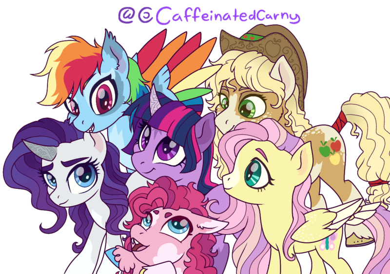 Size: 1179x830 | Tagged: safe, artist:caffeinatedcarny, derpibooru import, applejack, fluttershy, pinkie pie, rainbow dash, rarity, twilight sparkle, earth pony, pegasus, pony, unicorn, applejack's hat, bucktooth, cheek fluff, coat markings, colored hooves, colored wings, countershading, cowboy hat, cute, dappled, ear fluff, eyebrows, facial markings, fangs, freckles, gradient mane, group shot, hat, horn, horseshoes, image, kin, markings, mealy mouth (coat marking), open mouth, open smile, png, redesign, redraw, simple background, slit pupils, smiling, smirk, socks (coat marking), splotches, star (coat marking), tail, tail feathers, tail wrap, tooth gap, traditional art, twiabetes, unicorn twilight, unshorn fetlocks, wing freckles, wings