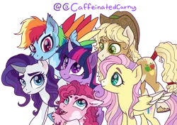 Size: 1179x830 | Tagged: safe, artist:caffeinatedcarny, derpibooru import, applejack, fluttershy, pinkie pie, rainbow dash, rarity, twilight sparkle, earth pony, pegasus, pony, unicorn, applejack's hat, bucktooth, cheek fluff, coat markings, colored hooves, colored wings, countershading, cowboy hat, cute, dappled, ear fluff, eyebrows, facial markings, fangs, freckles, gradient mane, group shot, hat, horn, horseshoes, image, kin, markings, mealy mouth (coat marking), open mouth, open smile, png, redesign, redraw, simple background, slit pupils, smiling, smirk, socks (coat marking), splotches, star (coat marking), tail, tail feathers, tail wrap, tooth gap, traditional art, twiabetes, unicorn twilight, unshorn fetlocks, wing freckles, wings