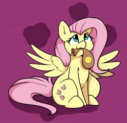 Size: 1542x1501 | Tagged: safe, artist:taurson, derpibooru import, fluttershy, pegasus, pony, bag, bits, cheek fluff, cute, female, image, jpeg, mare, money bag, mouth hold, shyabetes, sitting, solo, spread wings, wings