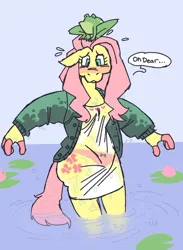 Size: 964x1317 | Tagged: suggestive, artist:hotpepprspray, derpibooru import, fluttershy, anthro, frog, pegasus, blushing, clothes, dialogue, dress, embarrassed, embarrassed underwear exposure, female, female focus, g4, image, jpeg, lilypad, looking down, panties, partially submerged, pink panties, see-through, solo focus, speech bubble, sweat, tail, underwear, water, wet, wet clothes