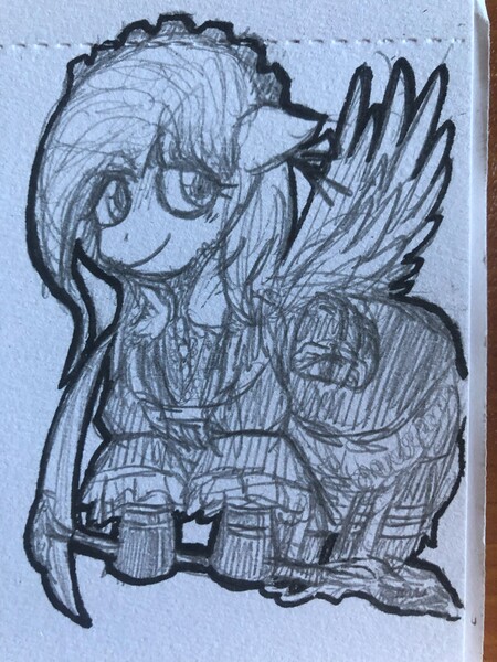 Size: 3024x4032 | Tagged: safe, artist:feenadot, derpibooru import, fluttershy, pegasus, clothes, cosplay, costume, cute, female, floppy ears, flying, g4, goth, gothic lolita, image, jpeg, lolita fashion, looking offscreen, margaret moonlight, monochrome, nmh, no more heroes, reference, reference to another series, scythe, shyabetes, solo, spread wings, traditional art, weapon, wings