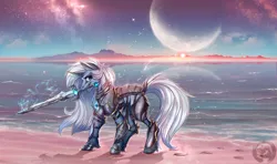 Size: 4080x2412 | Tagged: safe, artist:rensaio, derpibooru import, oc, oc:lance frostfire, unicorn, armor, armored pony, beach, horn, image, magic, male, moon, mouth hold, plate armor, png, solo, solo male, sword, unicorn oc, water, weapon