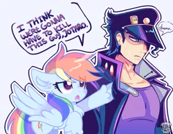 Size: 1280x994 | Tagged: safe, artist:acid-fangs, derpibooru import, rainbow dash, human, pegasus, pony, anime, duo, duo male and female, female, frown, g4, i think we're gonna have to kill this guy, image, jojo's bizarre adventure, jotaro kujo, male, mare, meme, outline, png, raised hoof, simple background, white background