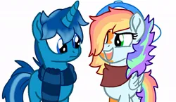 Size: 890x515 | Tagged: safe, derpibooru import, oc, oc:wolf blake, unnamed oc, pegasus, unicorn, clothes, hat, image, jpeg, looking at each other, looking at someone, scarf, simple background, smiling, white background