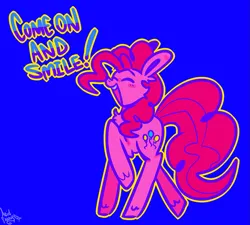 Size: 1239x1117 | Tagged: safe, artist:acid-fangs, derpibooru import, pinkie pie, earth pony, pony, blue background, eyestrain warning, female, image, mare, png, raised hoof, saturated, simple background, smiling, text