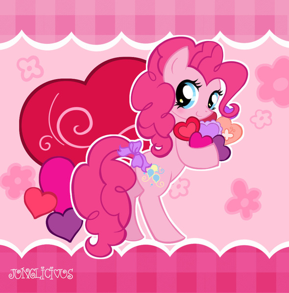 Size: 965x981 | Tagged: safe, artist:junglicious64, derpibooru import, pinkie pie, earth pony, pony, bow, female, flower, g4, heart, image, jpeg, looking back, mare, solo, standing, tail, tail bow