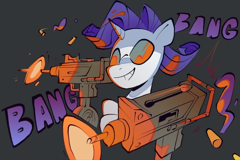 Size: 1280x851 | Tagged: safe, artist:matterproblem, derpibooru import, rarity, pony, unicorn, bullet, female, g4, glasses, gray background, gun, image, jpeg, mare, onomatopoeia, simple background, smiling, solo, sound effects, weapon