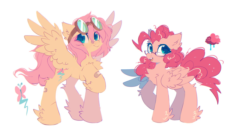 Size: 1898x1083 | Tagged: safe, artist:mirtash, derpibooru import, fluttershy, pinkie pie, pegasus, pony, alternate hairstyle, alternate universe, bandaid, bandaid on nose, chest fluff, cute, diapinkes, duo, duo female, female, glasses, goggles, image, leg fluff, open mouth, pegasus pinkie pie, png, race swap, raised hoof, shyabetes, simple background, white background