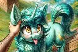 Size: 4096x2752 | Tagged: safe, ai content, anonymous artist, derpibooru import, machine learning generated, stable diffusion, lyra heartstrings, human, pony, unicorn, blushing, chest fluff, detailed, detailed background, drool, duo, ear fluff, female, feral, fluffy, g4, generator:easyfluff v11.2, happy, high res, image, male, mare, petting, png, tongue out, yellow eyes