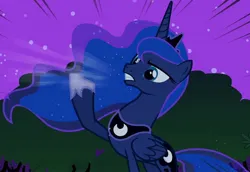 Size: 1570x1080 | Tagged: safe, derpibooru import, screencap, princess luna, alicorn, pony, luna eclipsed, concave belly, crown, ethereal mane, ethereal tail, female, folded wings, hoof shoes, image, jewelry, jpeg, lidded eyes, mare, night, outdoors, peytral, princess shoes, raised hoof, regalia, sky, slender, solo, standing, tail, teeth, thin, traditional royal canterlot voice, tree, wings