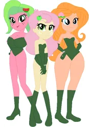 Size: 406x585 | Tagged: safe, artist:sturk-fontaine, derpibooru import, oc, oc:briar apple, oc:melon kiss, oc:peach blossom, unofficial characters only, equestria girls, base used, big breasts, breasts, child bearing hips, clothes, crossover, dc comics, female, g4, henchgirls, image, leotard, magical lesbian spawn, offspring, parent:applejack, parent:fluttershy, png, simple background, trio, trio female, white background, wide hips