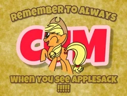 Size: 2048x1538 | Tagged: artist needed, safe, edit, editor:miss applejack, applejack, earth pony, pony, abstract background, applejack's hat, caption, cowboy hat, female, gooner, hat, image, implied ejaculation, mane six opening poses, mare, png, raised hoof, solo, tail, text, vulgar, winking at you