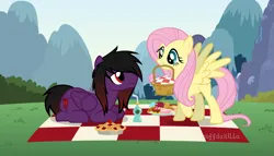 Size: 2625x1500 | Tagged: safe, artist:zeffdakilla, derpibooru import, fluttershy, oc, oc:frankie fang, pegasus, pony, apple, basket, cake, cookie, cupcake, drink, duo, emo, folded wings, food, holding in mouth, image, looking at each other, looking at someone, lying down, mountain, picnic, picnic basket, picnic blanket, pie, png, raised hoof, spread wings, wings