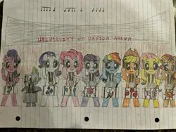 Size: 4032x3024 | Tagged: safe, derpibooru import, applejack, fluttershy, pinkie pie, rainbow dash, rarity, spike, starlight glimmer, sunset shimmer, twilight sparkle, twilight sparkle (alicorn), alicorn, dragon, earth pony, pegasus, pony, unicorn, bipedal, drawing, drumming, drums, hoof hold, image, jpeg, lined paper, magnetic hooves, mane seven, mane six, musical instrument, ohio, traditional art, winged spike, wings