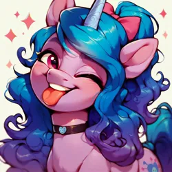 Size: 2048x2048 | Tagged: safe, ai content, derpibooru import, machine learning generated, prompter:enterusxrname, stable diffusion, izzy moonbow, pony, unicorn, g5, bow, choker, generator:pony diffusion v6 xl, generator:purplesmart.ai, image, jpeg, one eye closed, ponytail, simple background, solo, tongue out, wink