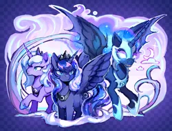 Size: 4881x3700 | Tagged: safe, artist:kekekekekekekk, derpibooru import, nightmare moon, princess luna, alicorn, pony, absurd resolution, blank eyes, fangs, female, glow, glowing eyes, hybrid wings, image, mare, multeity, png, s1 luna, trio, wings