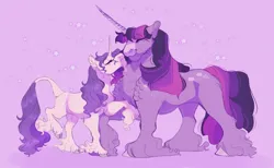 Size: 5164x3182 | Tagged: safe, artist:glorymoon, derpibooru import, rarity, twilight sparkle, classical unicorn, pony, unicorn, cloven hooves, duo, duo female, eyes closed, facial hair, female, g4, goatee, horn, image, leonine tail, lesbian, mare, missing cutie mark, pink background, png, ship:rarilight, shipping, simple background, size difference, starry background, stars, tail, unicorn twilight, unshorn fetlocks