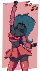 Size: 2752x4858 | Tagged: safe, artist:toxinagraphica, derpibooru import, queen chrysalis, equestria girls, cheerleader, cheerleader outfit, clothes, female, image, looking at you, png, simple background, skirt, smiling, socks, solo, stockings, thigh highs